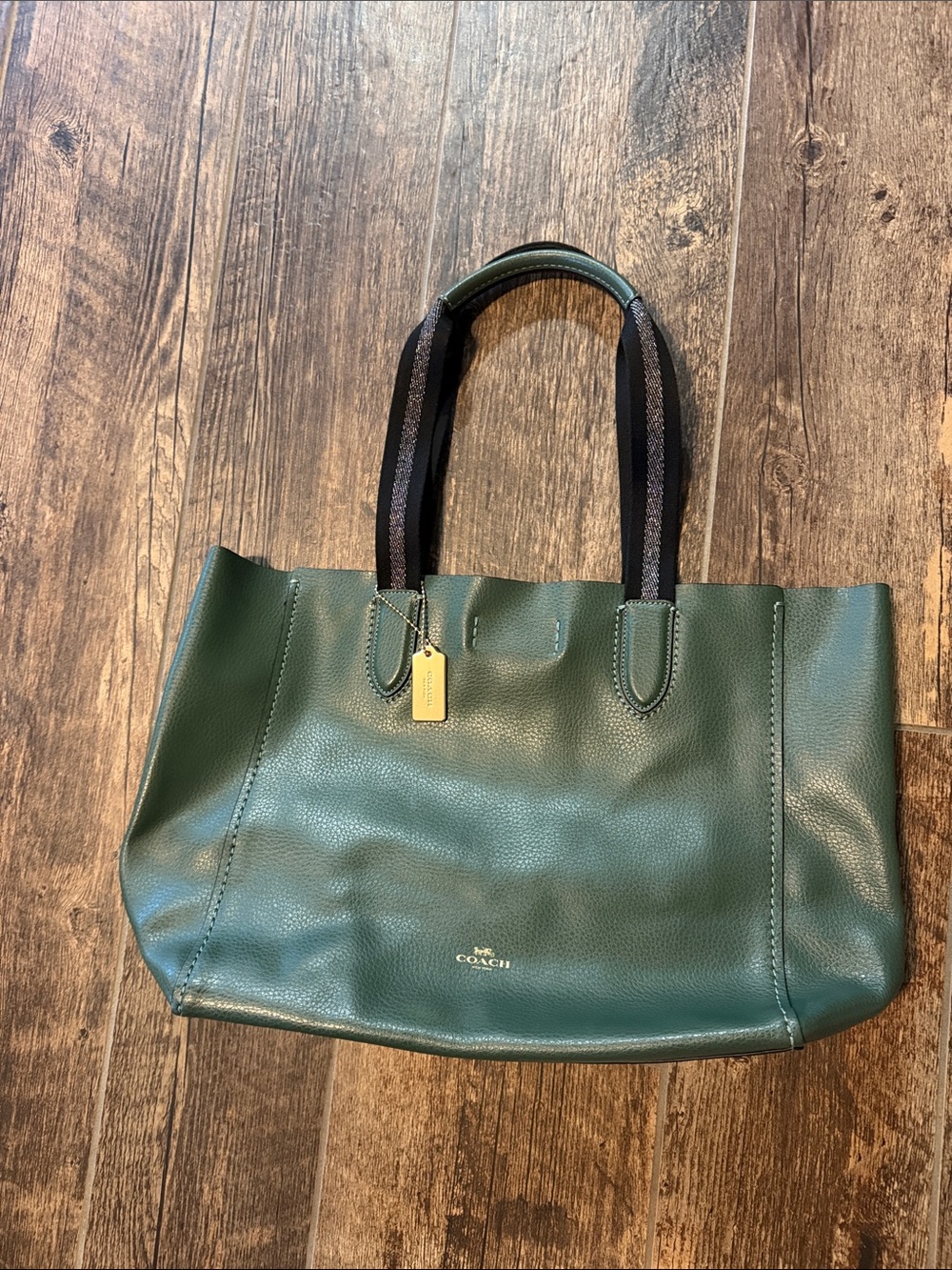 Coach Forest Green Pebbled Leather Tote with Black Contrast Straps